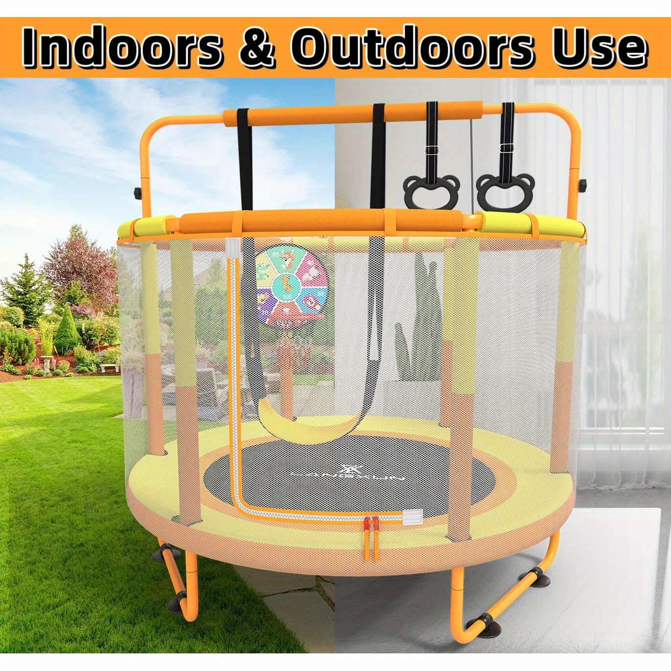 60 Inch Kids Trampoline 6-in-1 with Safety Net Enclosure, Basketball Hoop, Swing, Dart Board & Gymnastic Rings – Indoor Outdoor Toddler Trampoline for Boys Girls, 5ft Fun Activity Center