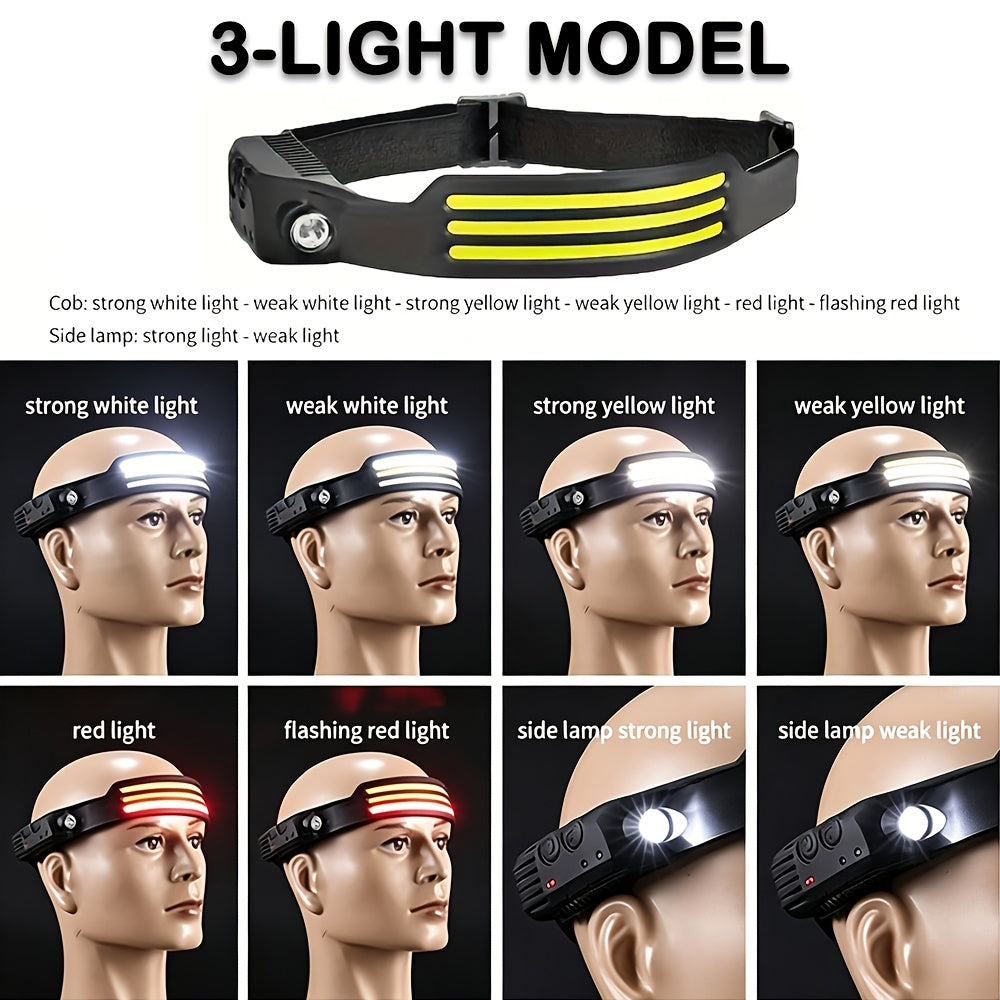 COB LED Headlamp 2 Pack 230° Wide Beam Motion Sensor Rechargeable Head Torch for Hiking Running Fishing Camping Hard Hat