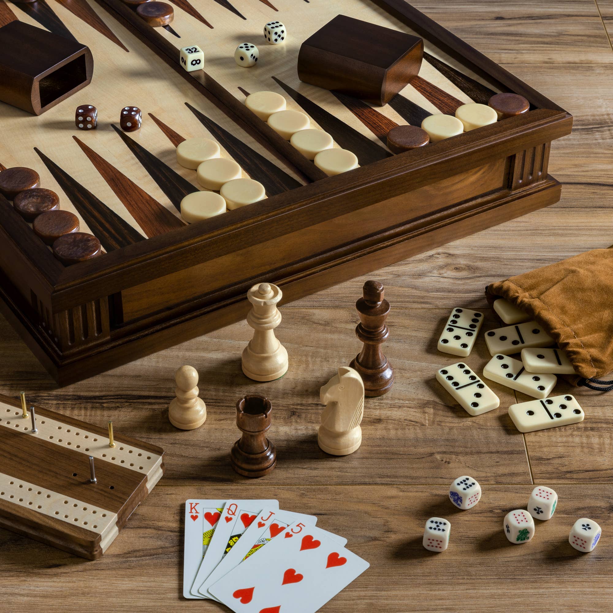 Heirloom Board Game: 7-in-1 (Chess, Checkers, Backgammon, Cribbage, Poker Dice, Cards, Dominoes)