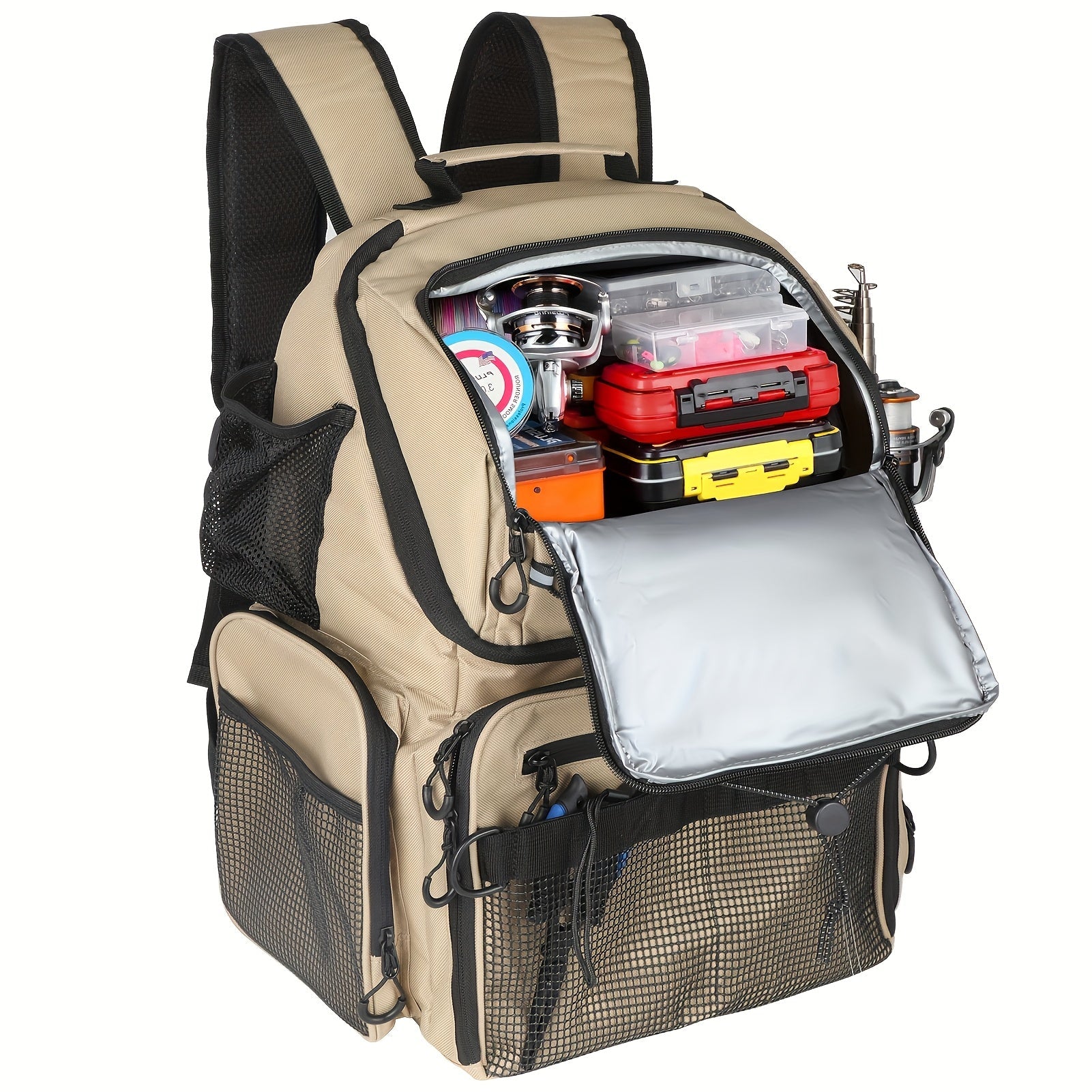 Waterproof Fishing Rod Backpack 42L – Built-In Rod Tube, 16 Pockets & Insulated Cooler Option | Black, Camo, Khaki, Gray