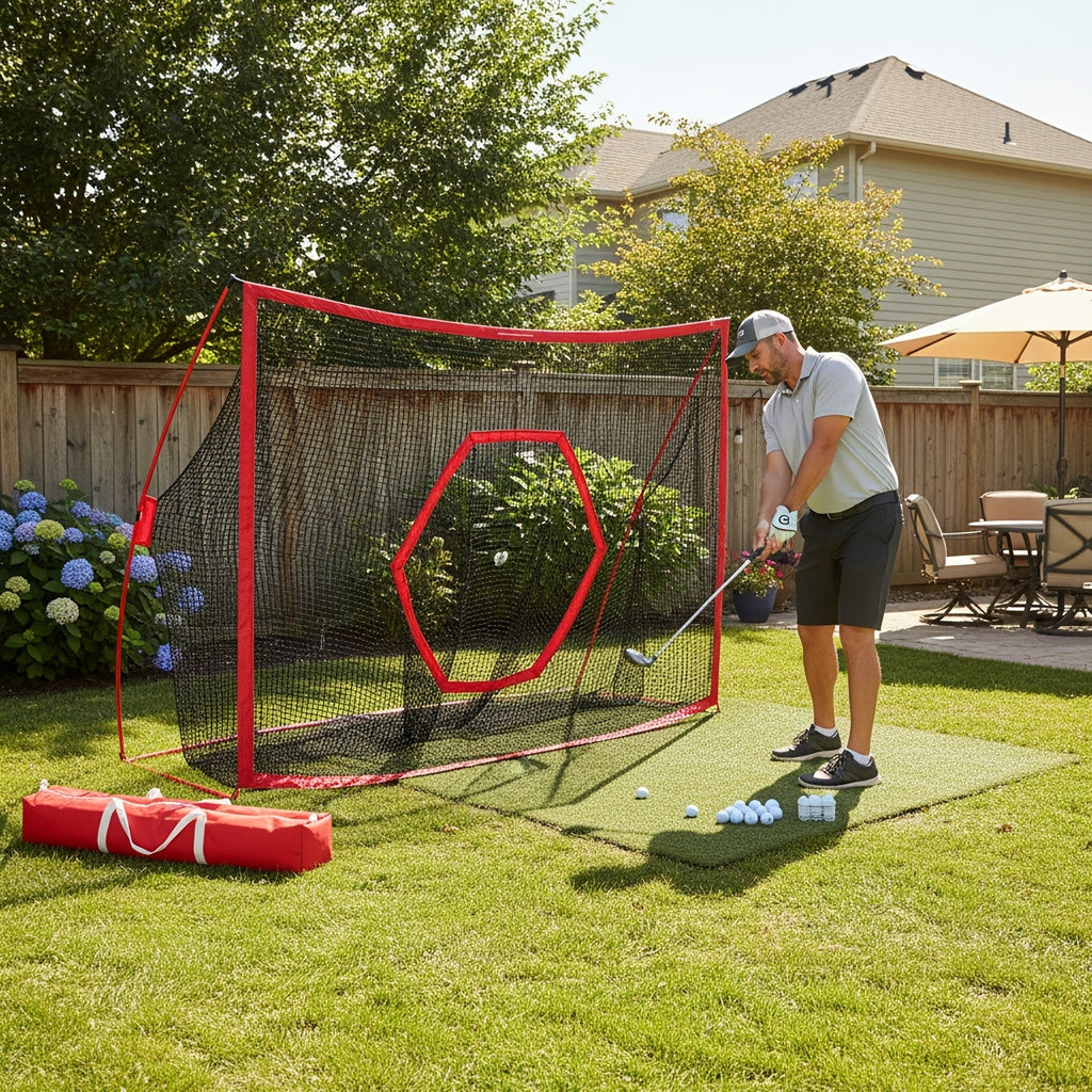 Golf Practice Net with Target & Swing Guide - 7x10 FT & 7x7 FT Driving Range Training Net, Easy Assembly, Indoor Outdoor Use, Professional Golf Training Aid for Backyard Home