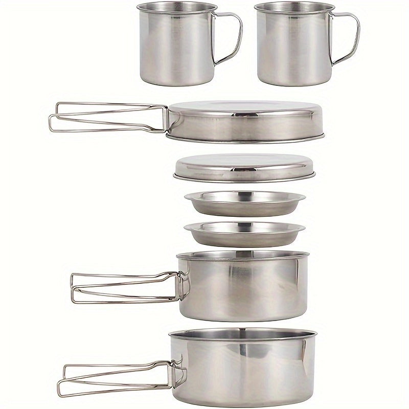 Stainless Steel Camping Cookware Set 8 Piece with Pots Pans Plates Cups and Handles - Lightweight Outdoor Cooking Kit for Camping Hiking Backpacking Open Fire Camp Kitchen Gear