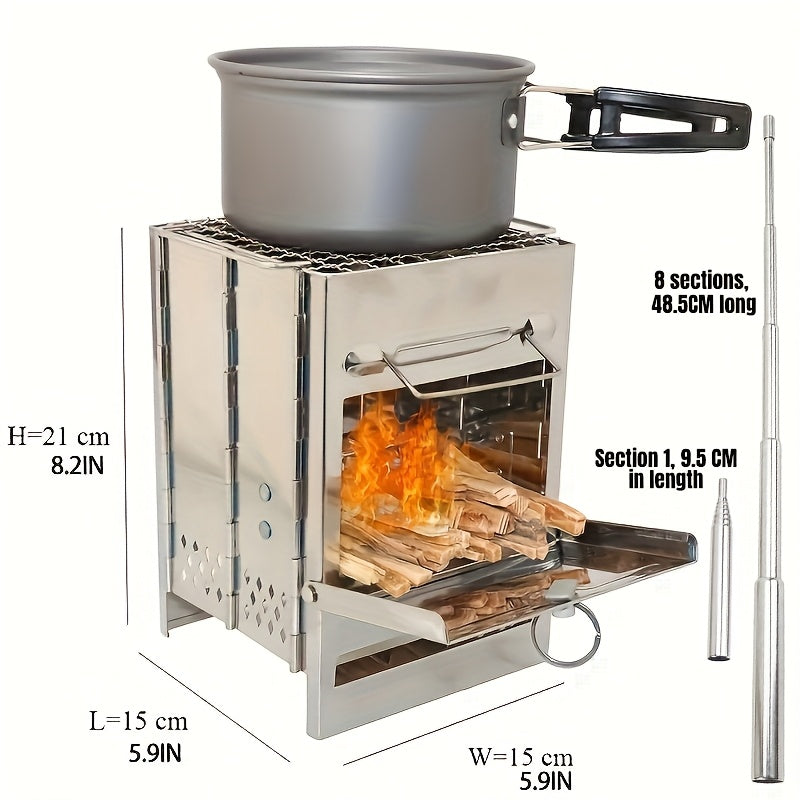 Portable Wood Burning Camp Stove - Stainless Steel Mini Firewood Rocket Stove for Camping, Backpacking & BBQ | Foldable Compact Outdoor Fire Pit Cooker, No Electricity Needed, Lightweight Heat-Resistant Design