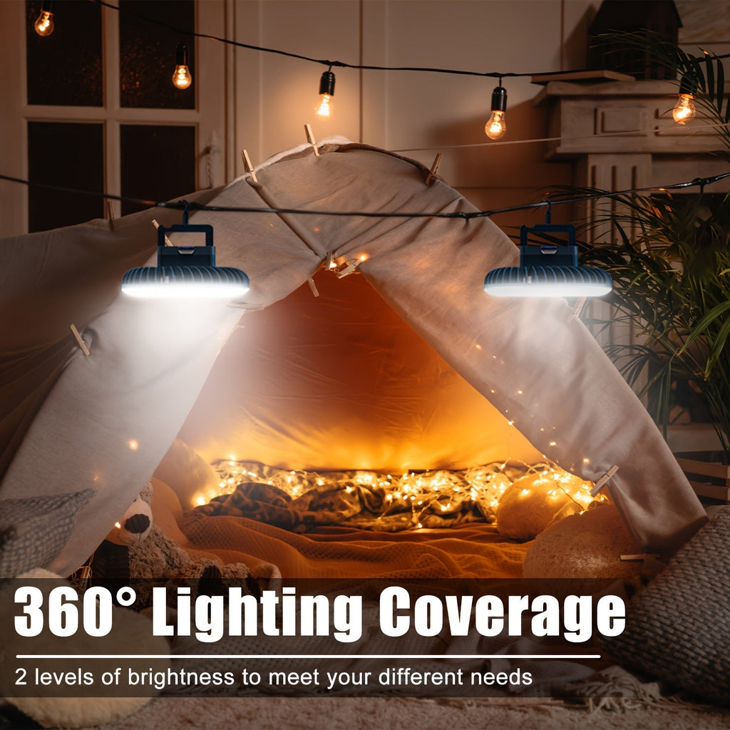 Rechargeable Camping Fan with LED Light – 2-Pack USB Tent Fan with Hook & Magnet, Portable Battery-Powered Fan for Outdoor Hiking, Car, Office, Desk & Emergency Survival Kit