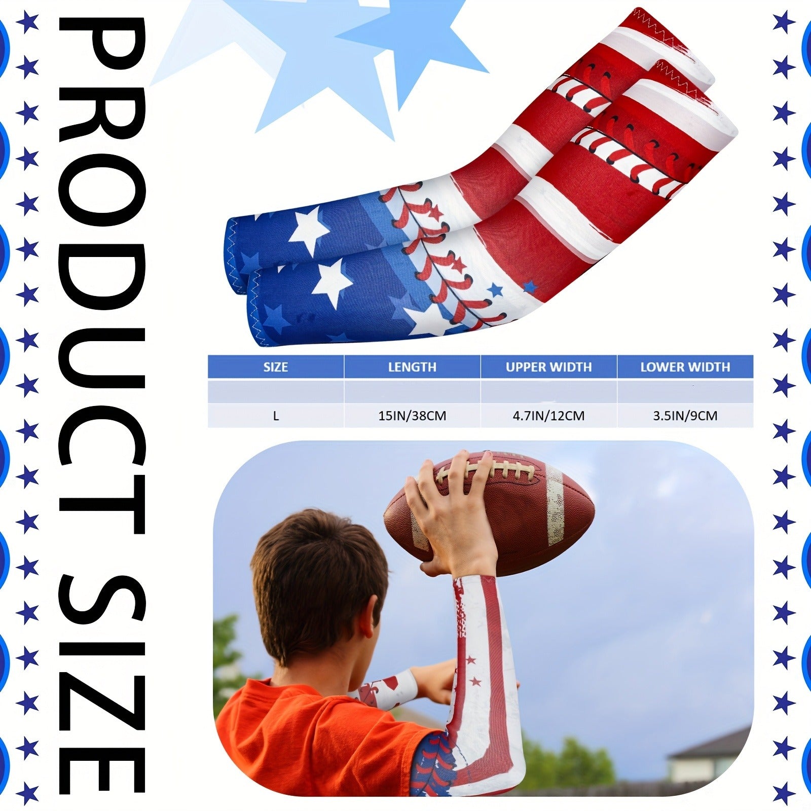 Patriotic Baseball Arm Sleeves 2 Pairs – American Flag Star Design Compression Sports Elbow Covers, Anti-Slip UV Protection for Men Women, Ideal for Games Parties Outdoor Events
