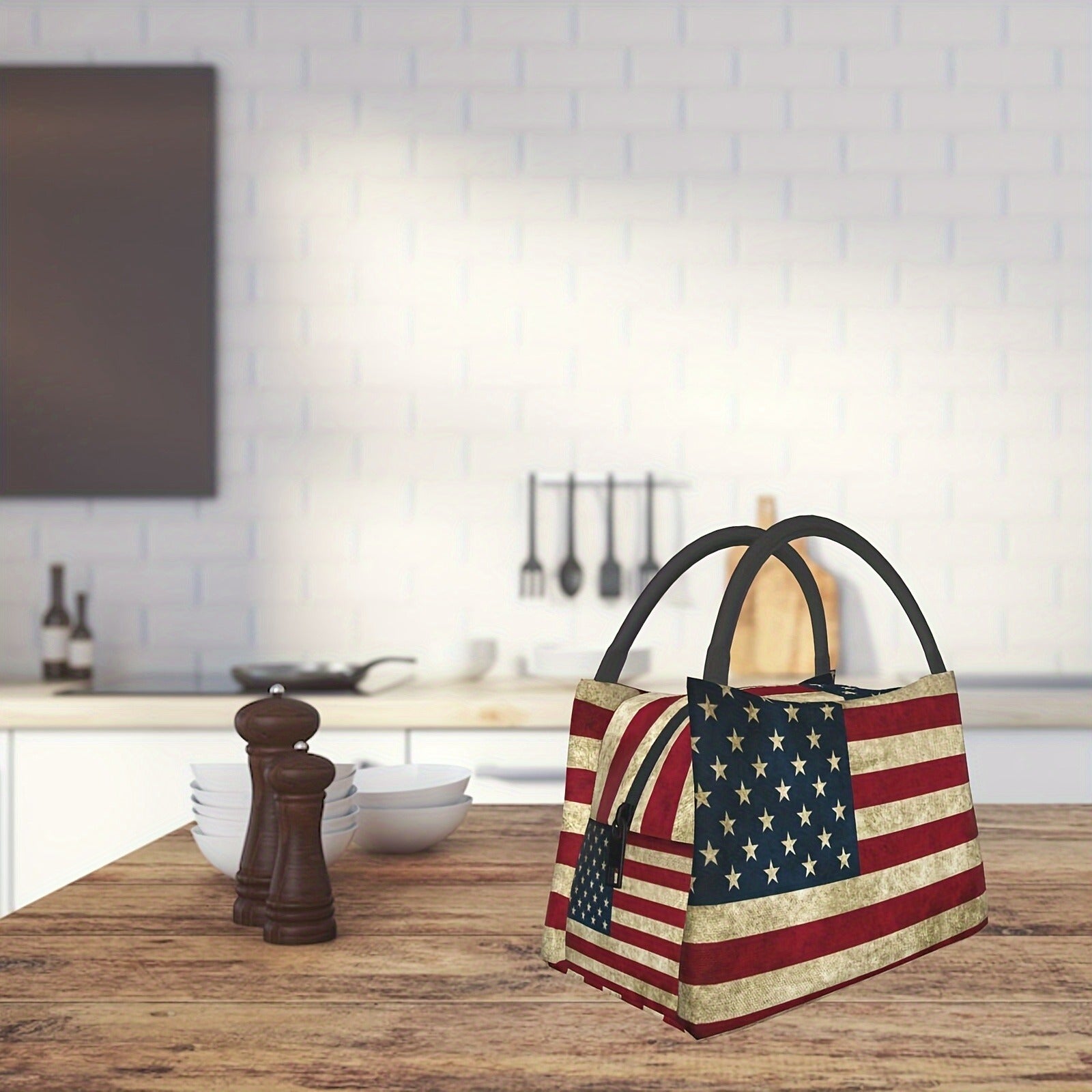 Retro Insulated Lunch Cooler Bag 11"x6.3"x6.7" Portable Reusable Independence Day Themed Leakproof Lunch Box for Camping Picnic Beach Office Worksite Restaurant Home Use Men Women