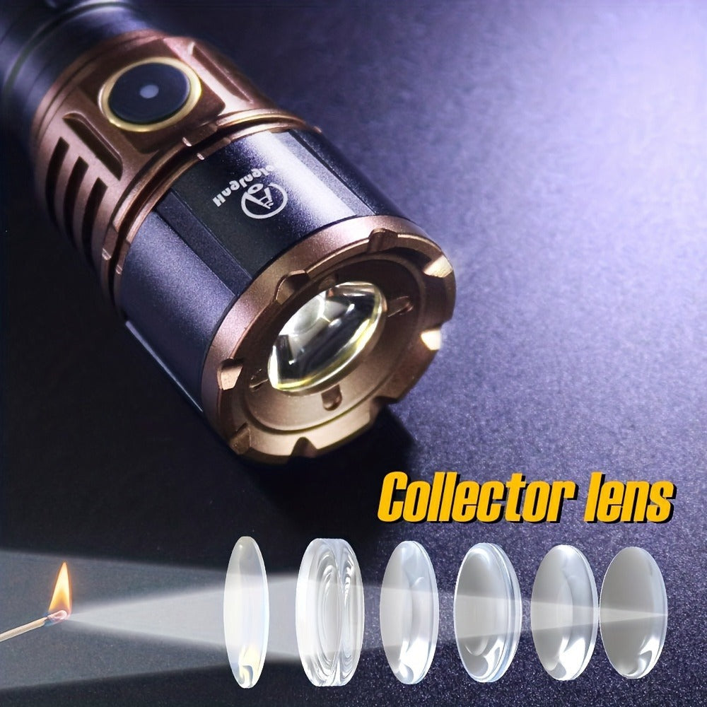 Zoomable LED Flashlight 4500LM, Aluminum Alloy Torch Fresnel Lens Adjustable Beam, 21700 3000mAh Rechargeable Battery, Fire Starting, Long Runtime for Camping Fishing Survival Night Cycling Power Outage