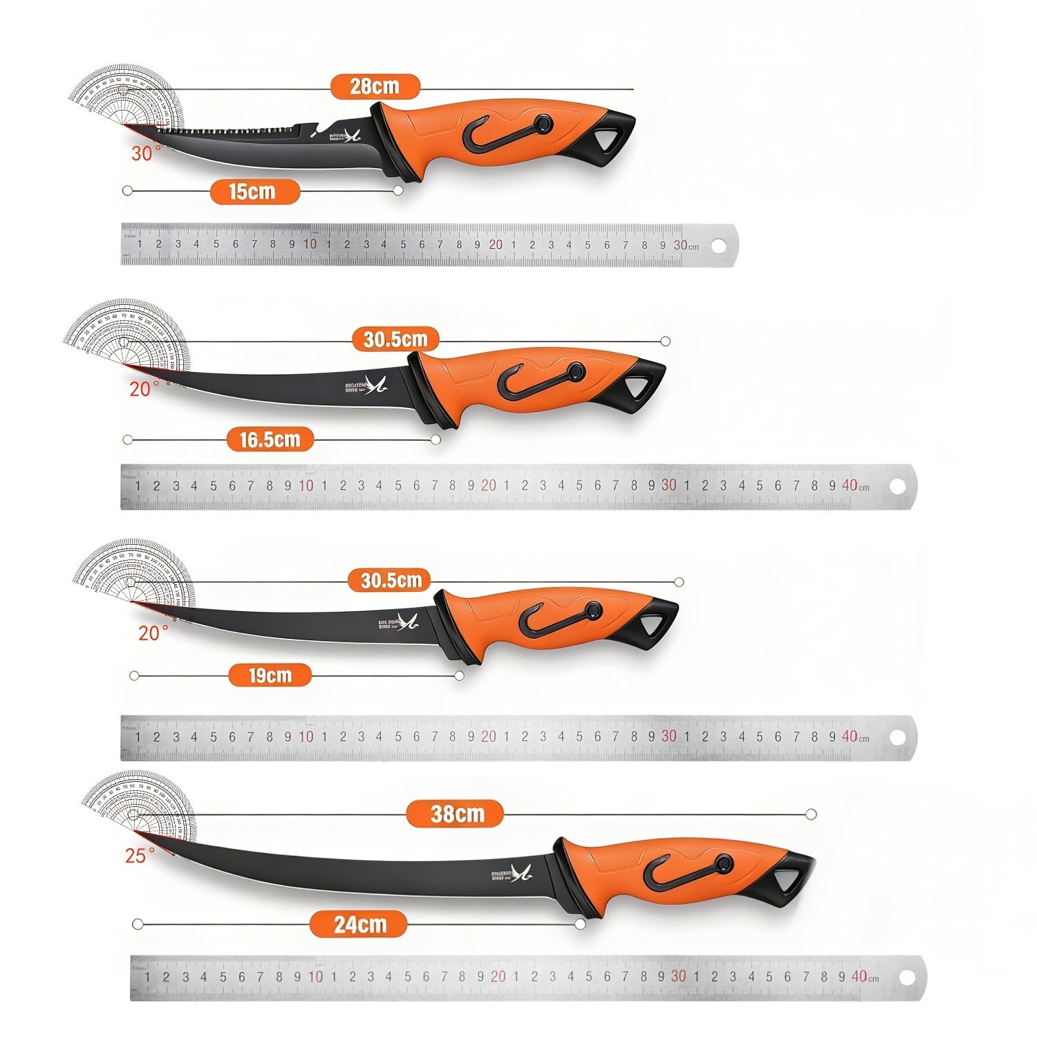 Fillet Knife Set 4-Piece – 5Cr15MoV Stainless Steel Fishing Fillet Knives (5", 6", 7", 9"), Non-Slip Rubber Handle, Serrated Bait Knife, Individual Sheaths & Storage Bag, Ideal Fishing Gift for Men