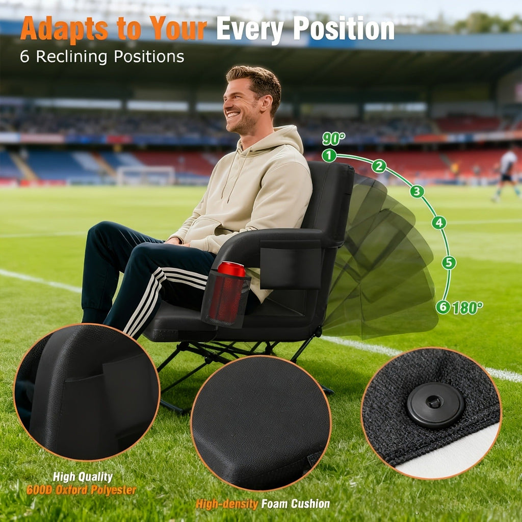 Heated Stadium Seat with Back Support for Bleachers 6 Reclining Positions 3 Heat Levels Dual-Zone USB Heated Bleacher Chair with 5 Storage Pockets Adjustable Armrests Portable Backpack Strap for Sports Games Concerts Outdoor Events