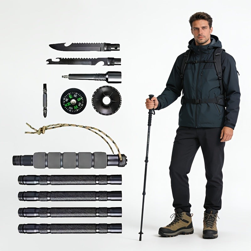Adjustable Trekking Pole Titanium Alloy Hiking Stick with Built-in Compass Combination Lock Canvas Storage Bag Lightweight Telescopic Walking Pole for Outdoor Hiking Camping Backpacking Trail