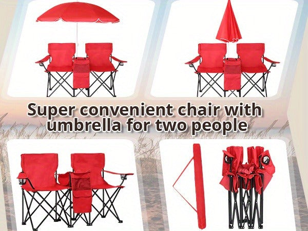 Folding Fishing Chair with Sun Umbrella – 2-Seat Portable Outdoor Chair, Iron Alloy Frame & Oxford Fabric, Built-In Storage Bag & Carry Bag, for Beach, Patio, Camping & Sunbathing, 4 Colors