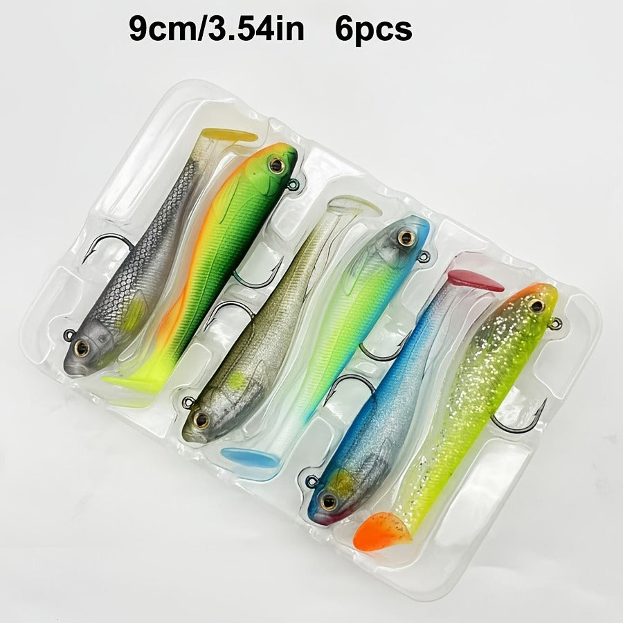 Paddle Tail Soft Bait 6pcs Pre-Rigged Jig Head Lure for Sea Bass Trout Fishing – Saltwater & Freshwater Swimbait Sinking Soft Plastic Fishing Lure Set
