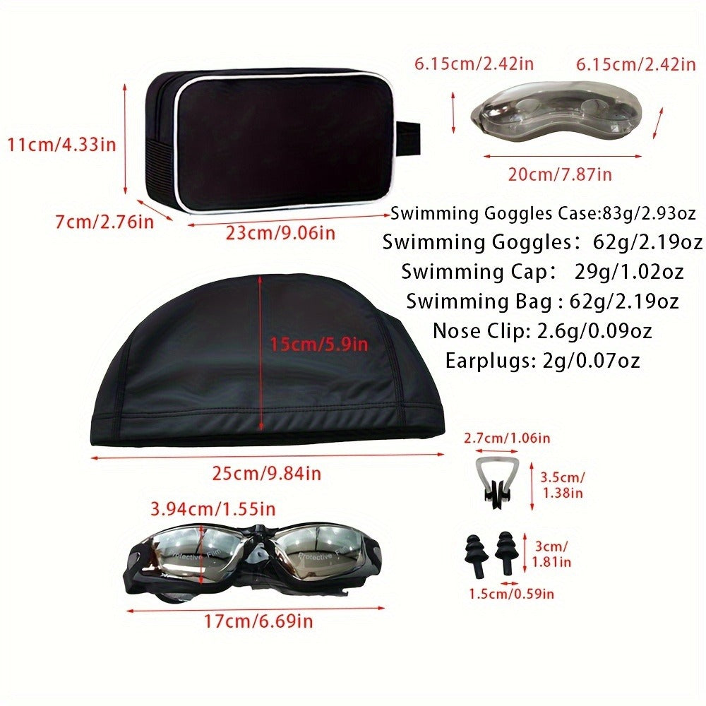 Swimming Goggles 6pcs Set with Cap Nose Clip Earplugs & Storage Bag – UV Protection Anti-Fog Adult Racing Swim Goggles Bundle, Silver-Coated Black Lens, Waterproof PU Swim Cap Included
