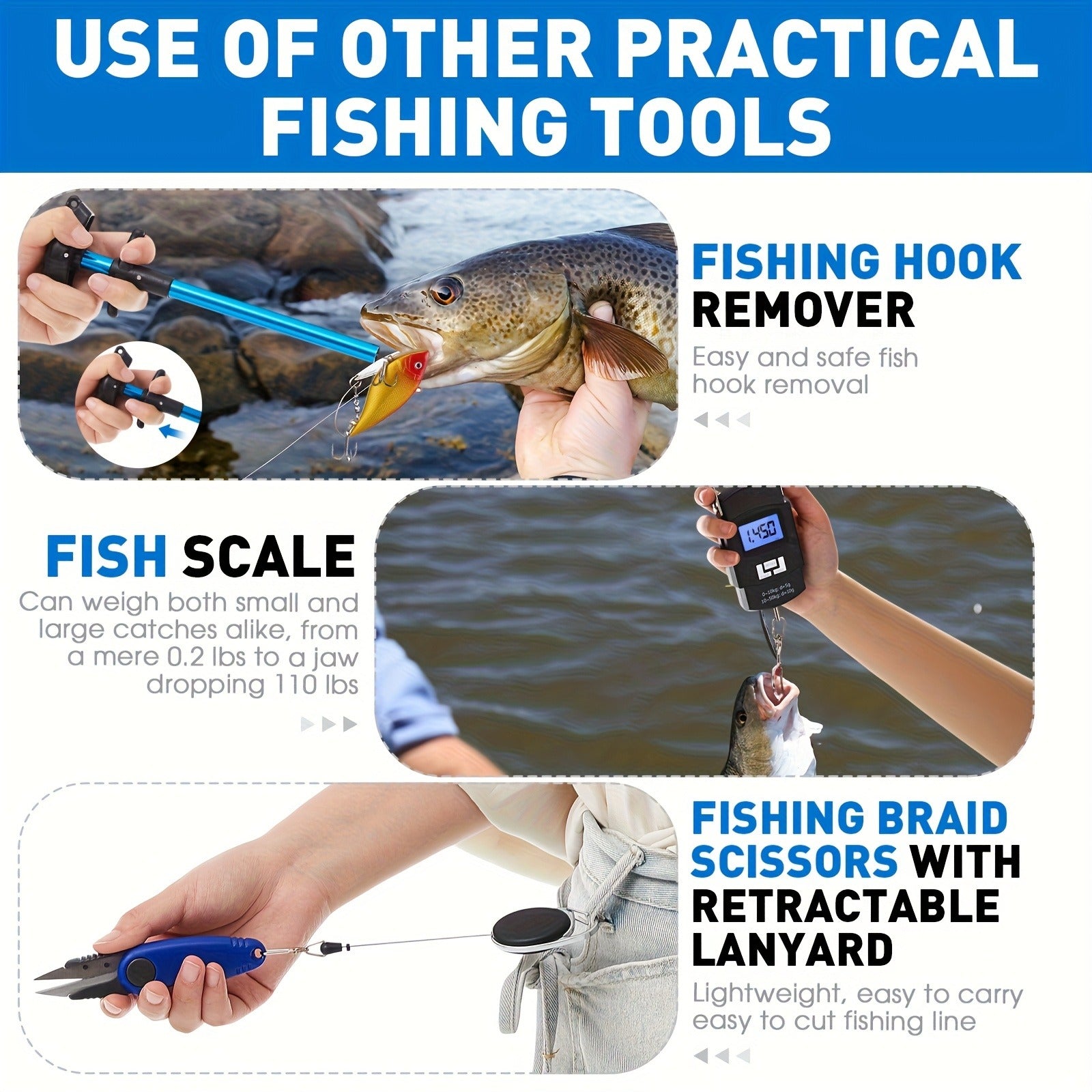 Fishing Tool Kit 10-Piece – Fishing Pliers with Lanyard & Sheath, Landing Net, Fillet Knife, Fish Scale, Gripper, Hook Remover, Braid Scissors & Gloves, Complete Angler Gift Set (Blue)