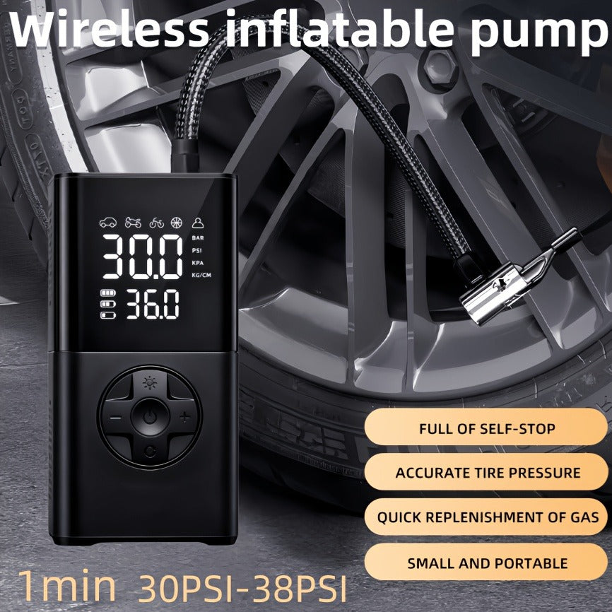 Portable Wireless Tire Inflator Air Compressor Digital Display Fast Pump Lithium Battery for Car Motorcycle Bike Emergency Inflation with Nozzle Adapters