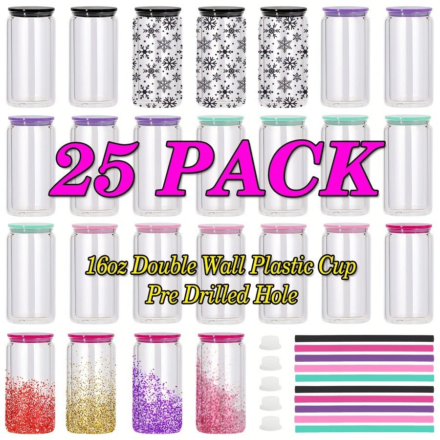 Clear Plastic Snow Globe Tumblers 16oz Double Wall Bulk Set 25 or 50 Cups Pre-Drilled Hole Colored Lid Straw for Iced Coffee Boba Soda Party DIY Customization