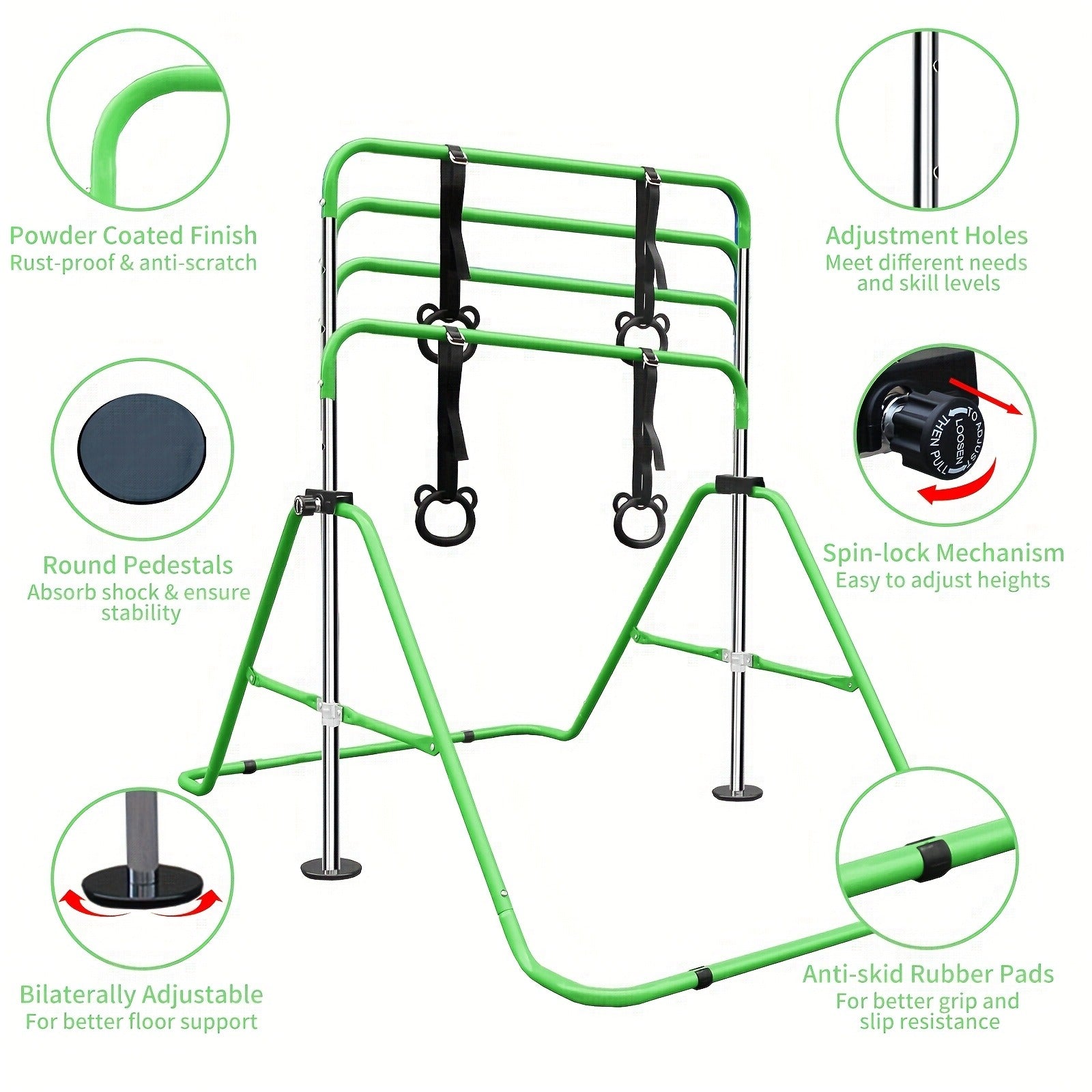 Adjustable Gymnastics Pull-Up Bar for Kids & Teenagers – Height Adjustable Horizontal Bar for Indoor Outdoor Home Use, Strength Training & Fitness Exercise Equipment, Green & Yellow