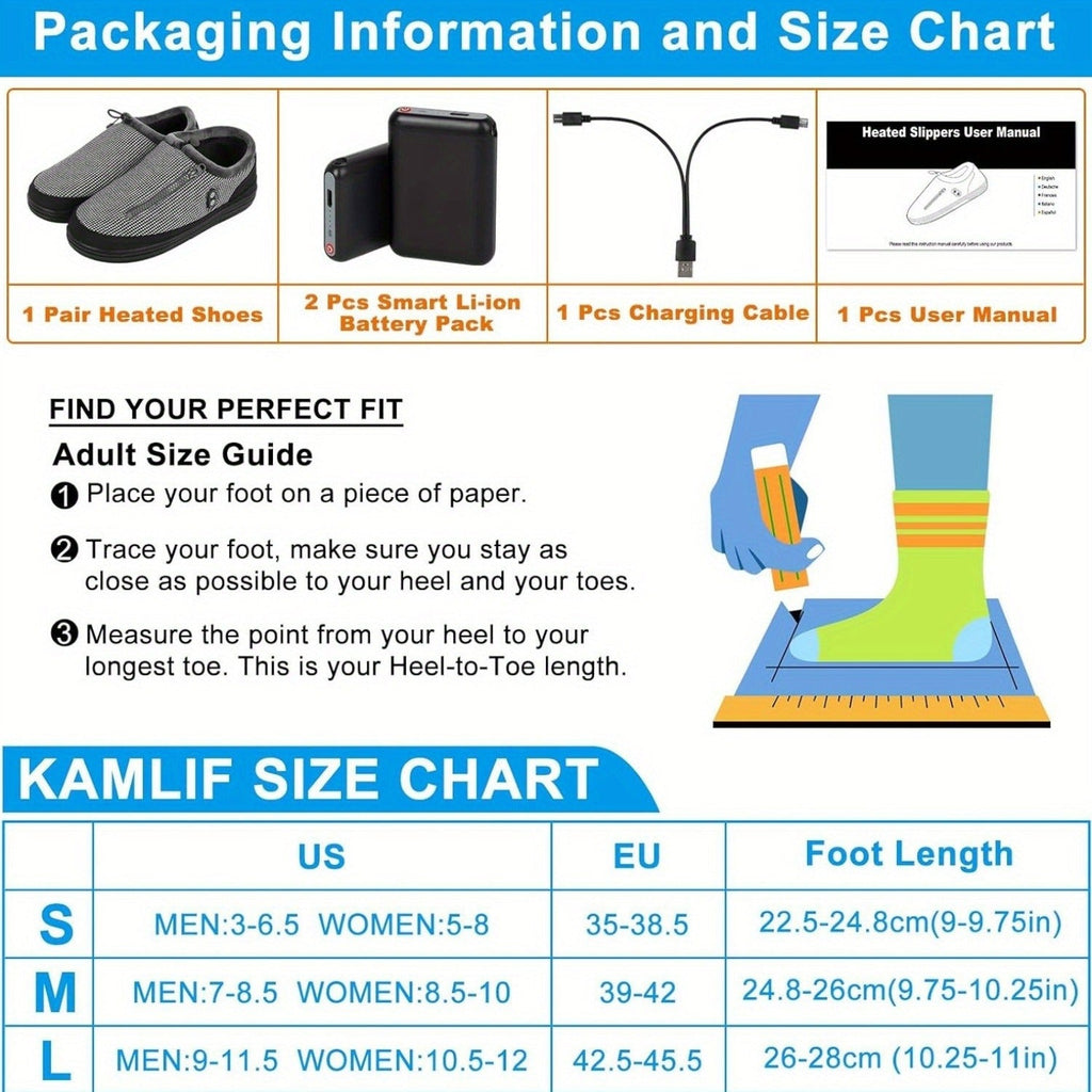 Heated Slippers for Men & Women with 5000mAh Battery - Electric Foot Warmer Shoes, Carbon Fiber Heating, 3 Heat Settings, 6-8 Hour Battery Life, Indoor Outdoor Plush House Slippers, M & L