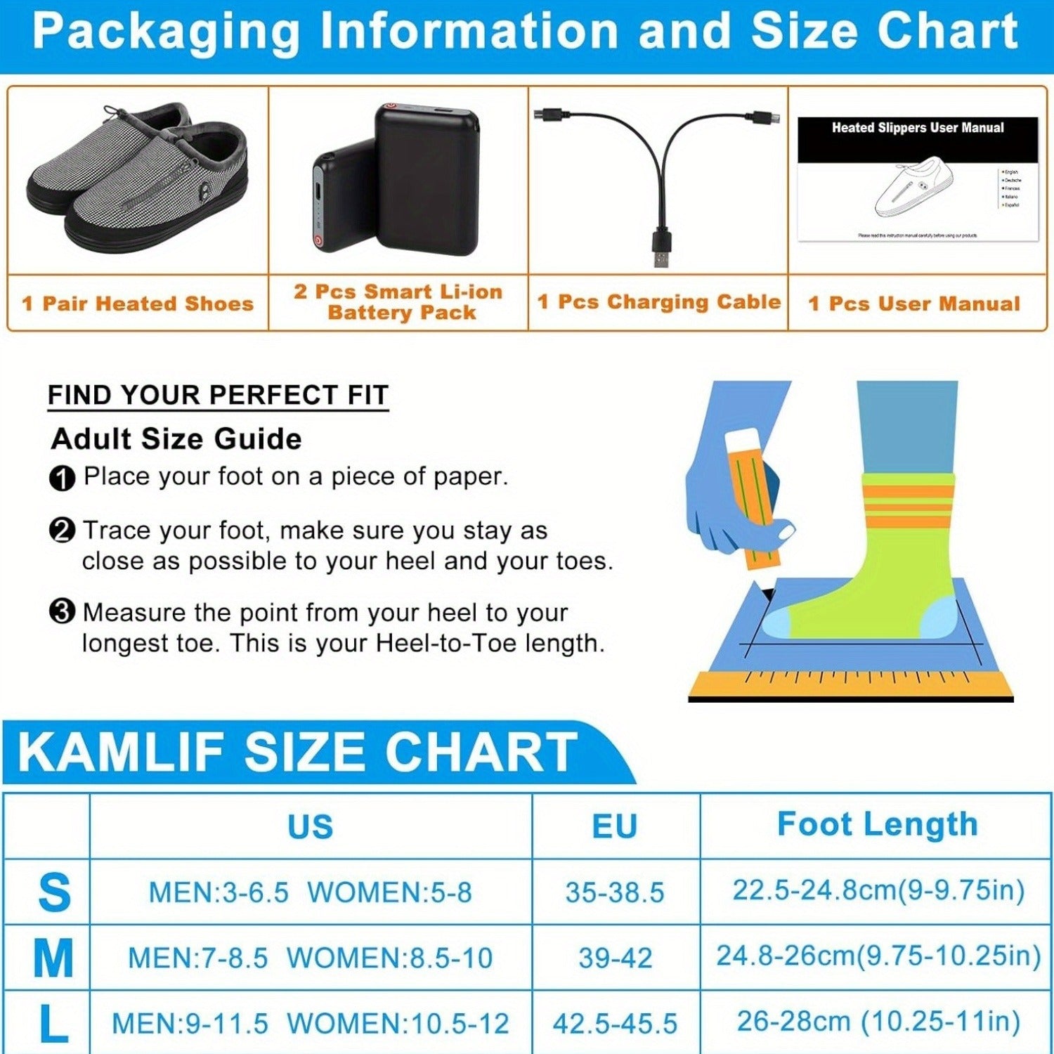 Heated Slippers for Men & Women with 5000mAh Battery - Electric Foot Warmer Shoes, Carbon Fiber Heating, 3 Heat Settings, 6-8 Hour Battery Life, Indoor Outdoor Plush House Slippers, M & L