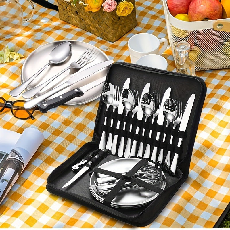 Camping Mess Kit 24pcs Stainless Steel Cutlery Set for 4 – Plates, Spoons, Forks, Serrated Knives & Cloth Napkins – Portable Dinnerware for Backpacking, Hiking & Picnic