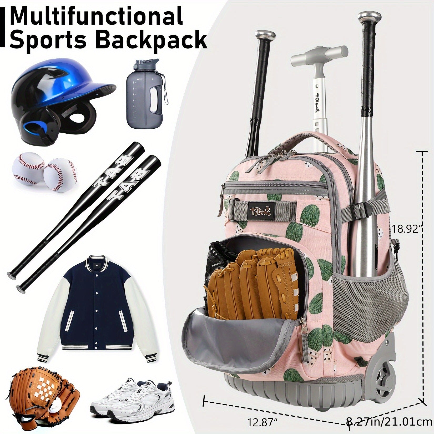 Wheeled Sports Backpack with Wheels – Large Capacity Baseball Softball Soccer Bag Multiple Pockets for Daily Commuting