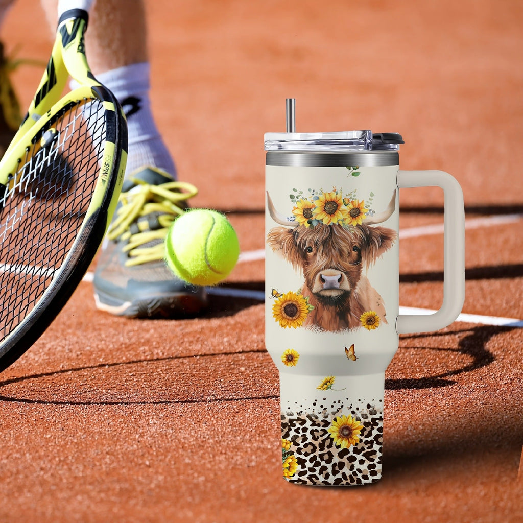 40oz Stainless Steel Tumbler with Handle and Lid - Cow Print Insulated Travel Cup for Hot & Cold Drinks, Double Wall Vacuum Tumbler for Camping, Sports & Outdoor Use, Cute Cow Lover Gift for Birthday & Holiday