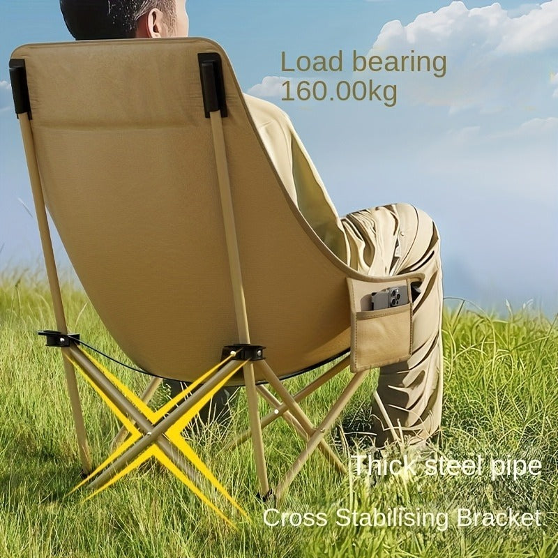 Portable Folding Moon Chair High Back 2pcs – Durable Iron Alloy Frame, Lightweight Foldable Camping Chair for Outdoor Leisure, Fishing, Beach & Backyard – Khaki or Black