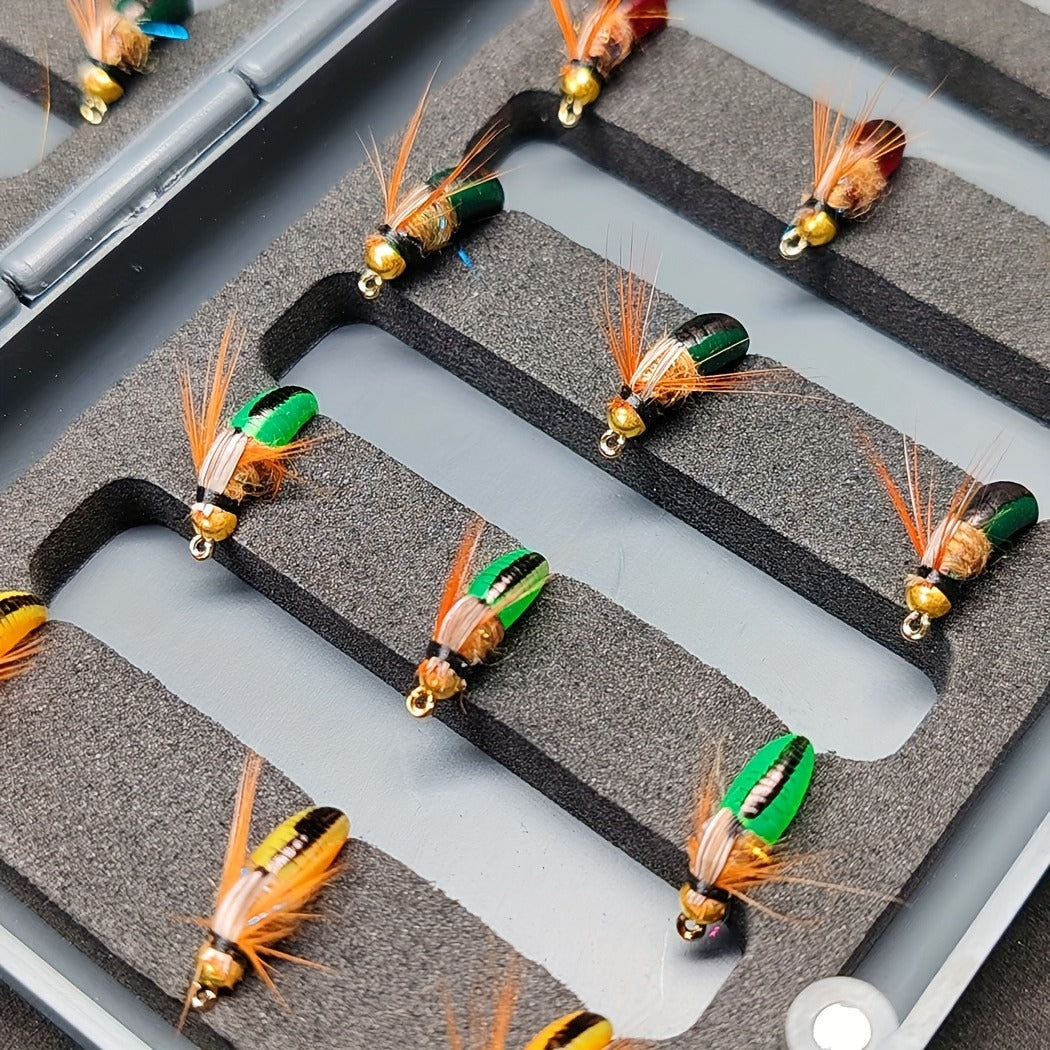 Trout Fly Fishing Flies Kit 24pcs - Brass Bead Head Caddis Nymph Lures Mixed Styles with Tackle Box, High Carbon Steel #10 Hooks for Bass Bluegill Trout Freshwater