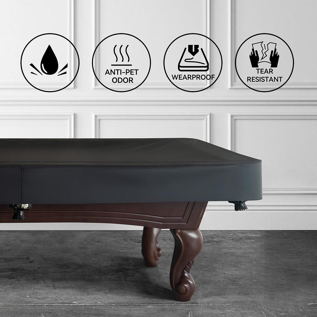 Leatherette Pool Table Cover 7 8 9FT Waterproof Tearproof Billiard Table Protector with Leg Cutouts Scratch-Resistant Easy-Clean Protective Cover Black