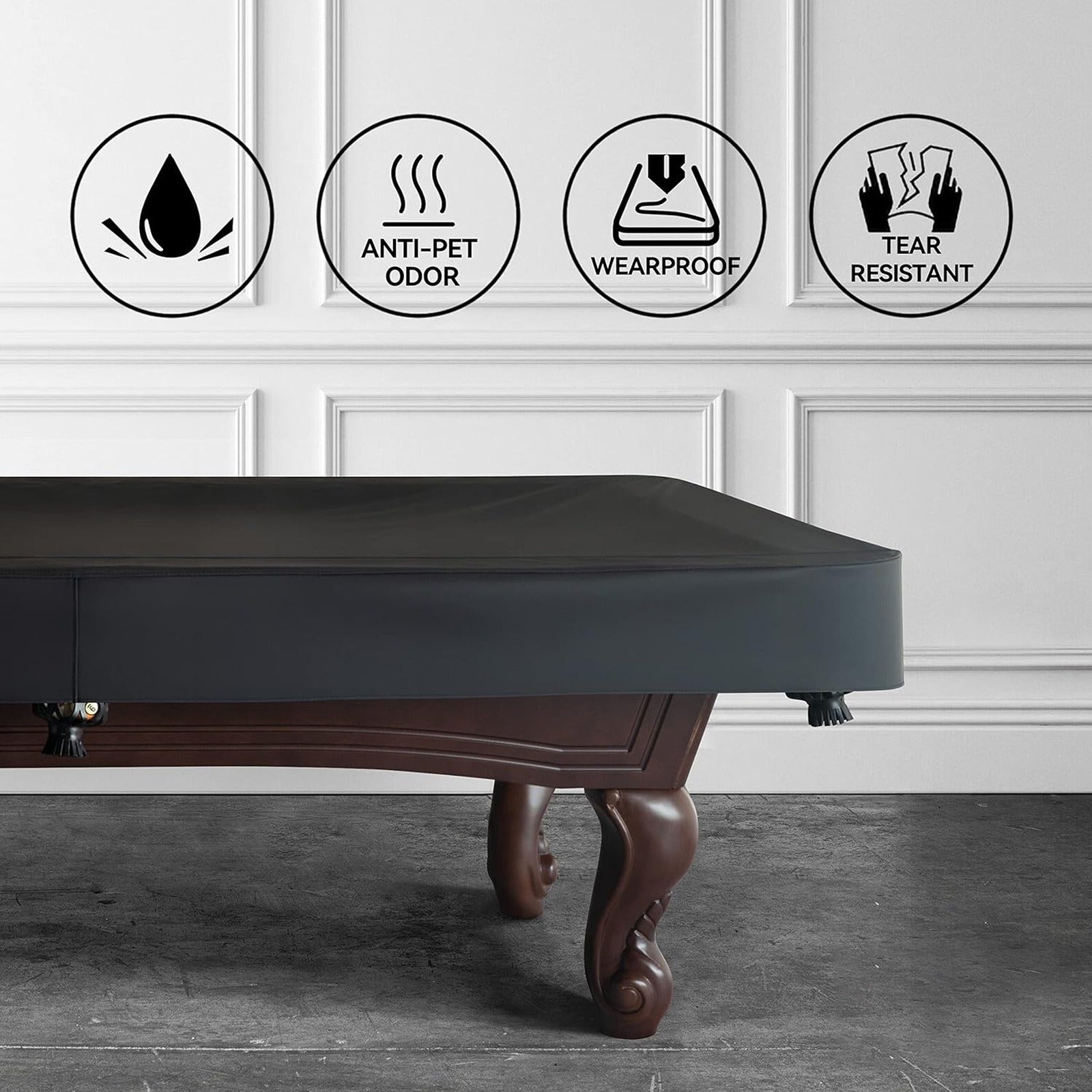 Leatherette Pool Table Cover 7 8 9FT Waterproof Tearproof Billiard Table Protector with Leg Cutouts Scratch-Resistant Easy-Clean Protective Cover Black