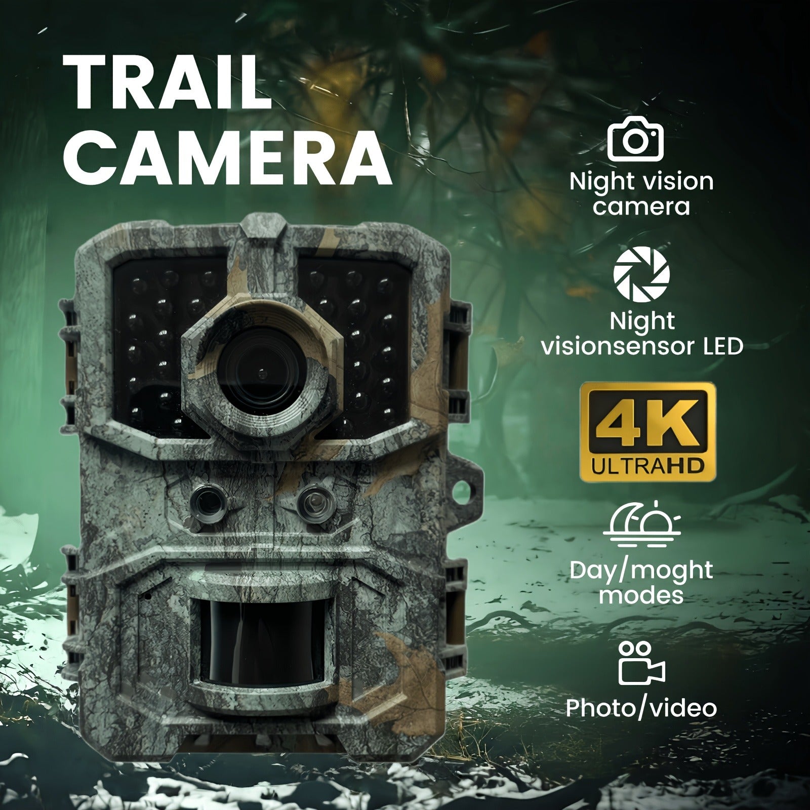 Trail Camera 1080P FHD – 0.8s Trigger, Camouflage Hunting Camera with Night Vision, 32GB SD Card Compatible | KLZO Wildlife Cam