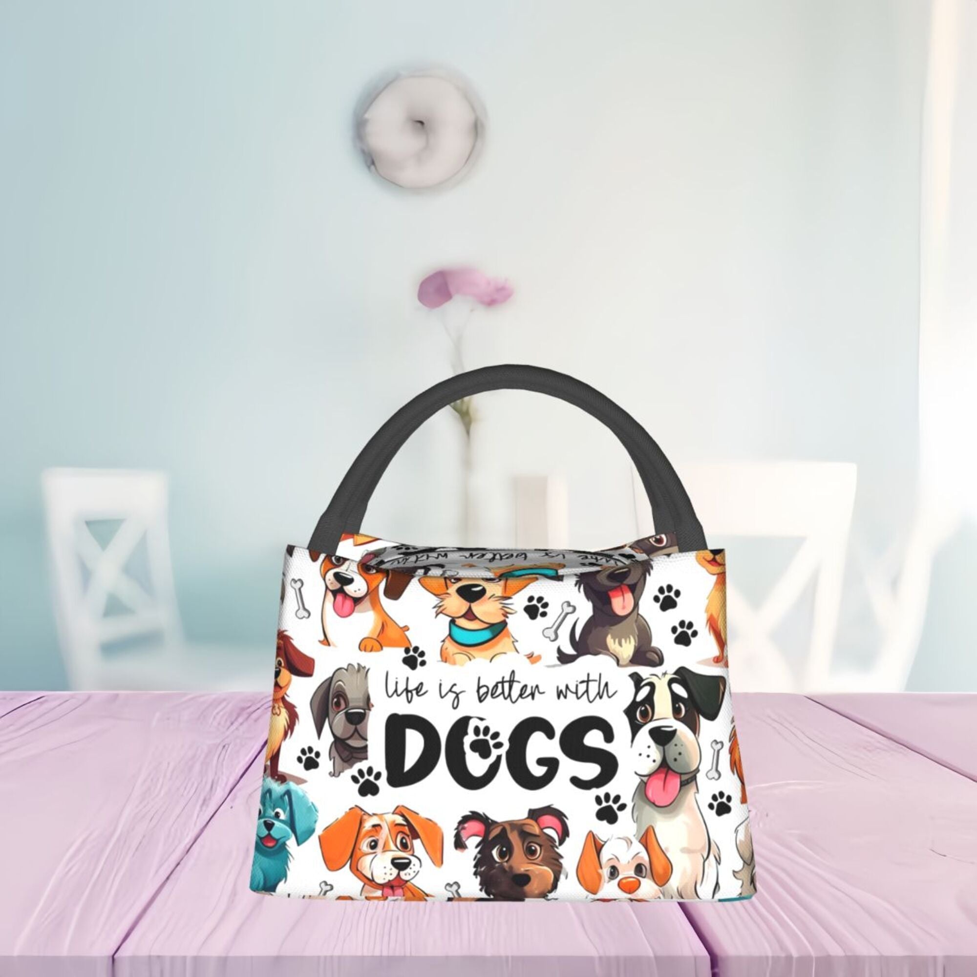 Insulated Lunch Bag with Dog Print - Portable Thermal Cooler Tote for Camping, Picnic & Beach | Reusable Polyester Lunch Box for Women Men Kids, Festive Gift for Christmas Birthday Valentine