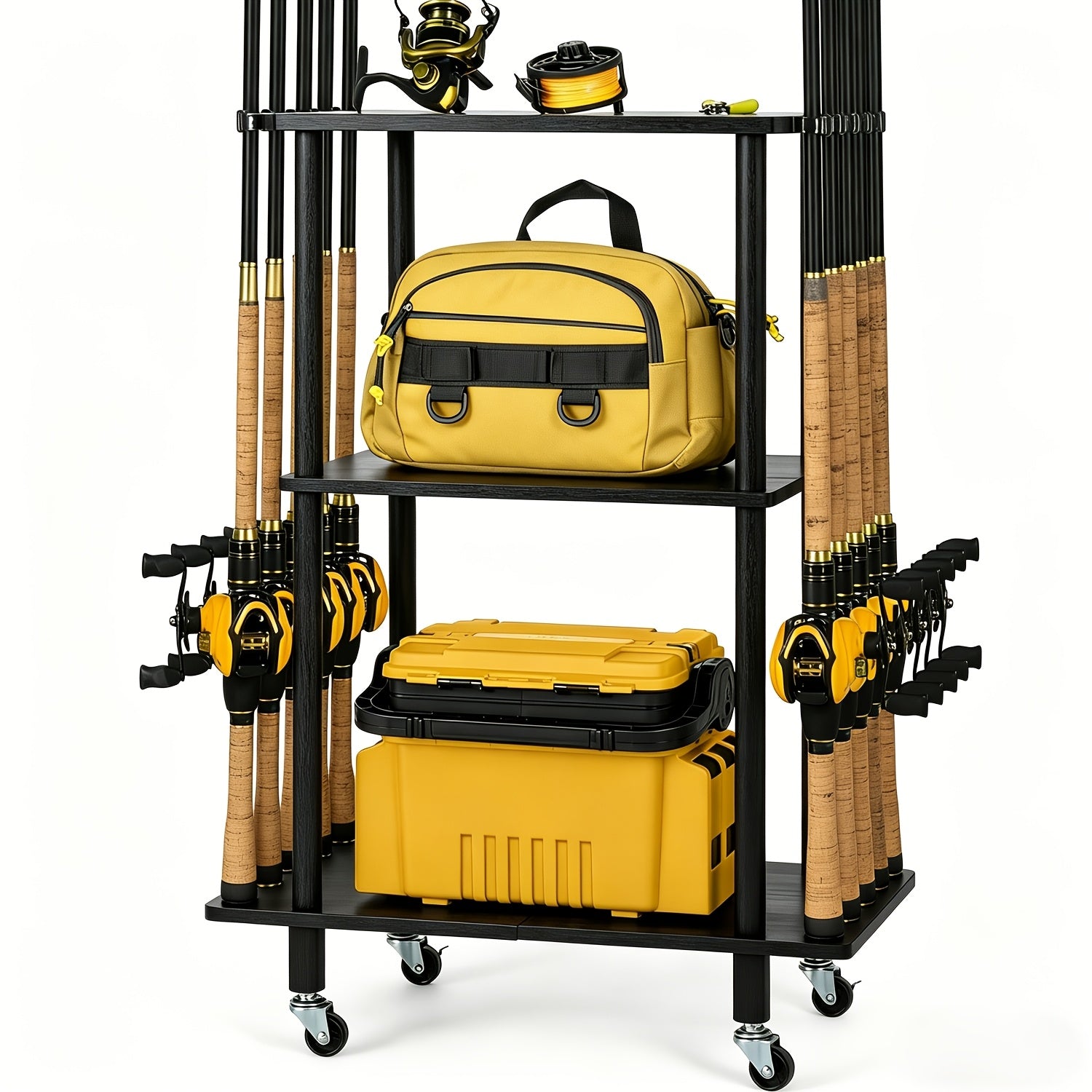Rolling Storage Rack 3 & 4 Tier Cylindrical Mobile Organizer with Wheels - Freestanding Bathroom Kitchen Bedroom Shelf Tower for Small Spaces, Black & Natural, Space-Saving Vertical Storage Solution