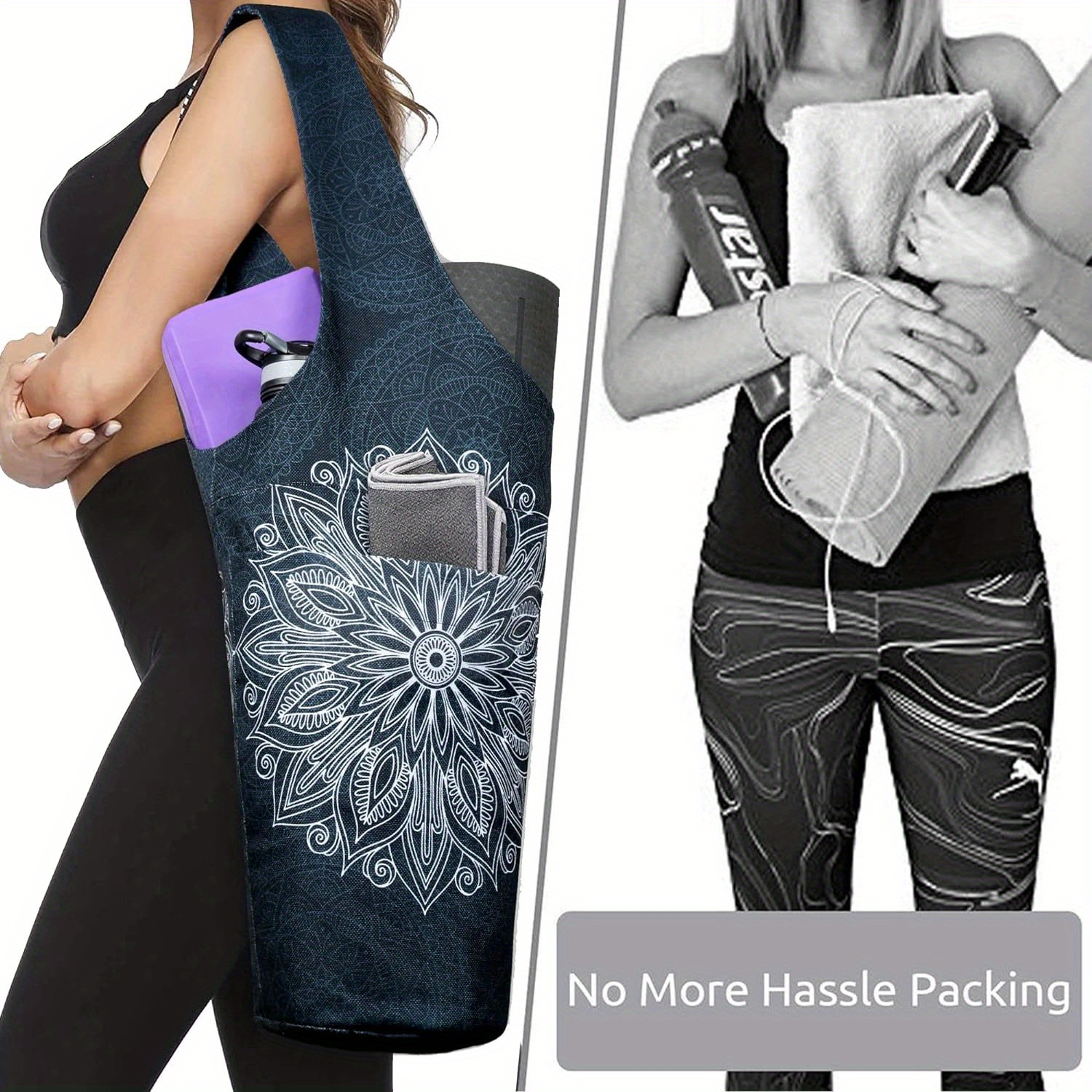 Yoga Mat Tote Bag 37”×15.5” – Large Shoulder Carrier with Dual Pockets for Yoga Mat, Block, Strap & Accessories, Fits Most Mat Sizes, Gym & Studio Bag for Women, Cloud Forest & Mandala Black
