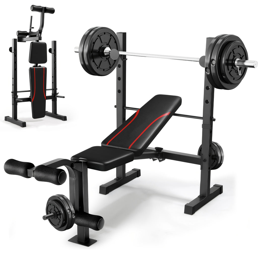 Adjustable Weight Bench Set with Squat Rack, Foldable Workout Bench Press with Leg Developer & Preacher Curl Pad, Multi-Function Home Gym Full Body Strength Training Equipment