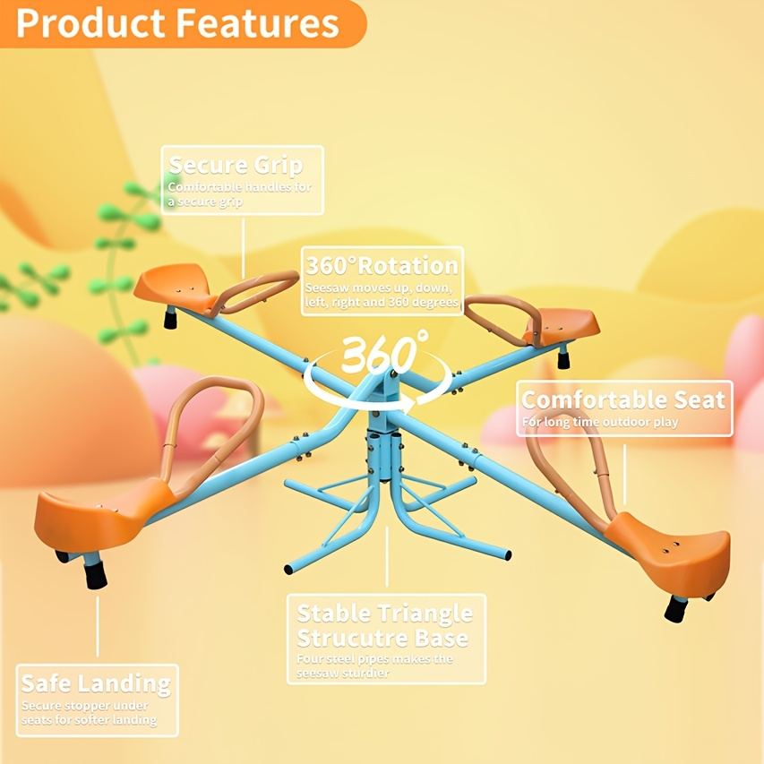 4-Seat Metal Seesaw for Kids Outdoor Backyard Playground – 360 Degree Rotating Teeter Totter with Three-Axle Swivel Design, Sports Field Play Equipment, Assembly Tools Included