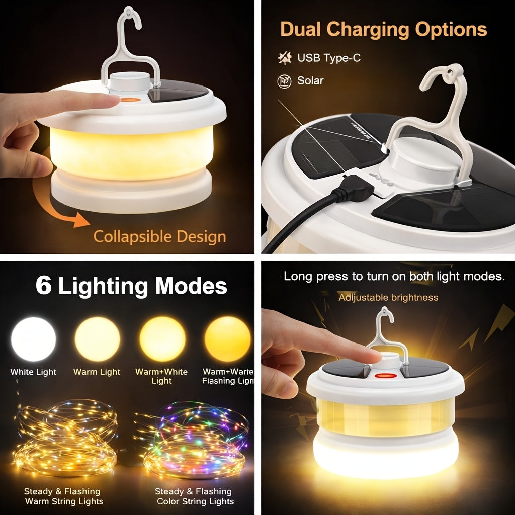 Solar Camping Lantern with Retractable String Lights – 2-in-1 LED Tent Light, 6 Modes, USB-C & Solar Rechargeable, Hand Crank, 10M String Lights, Portable Outdoor Camping Light for Camping, Patio & Emergency