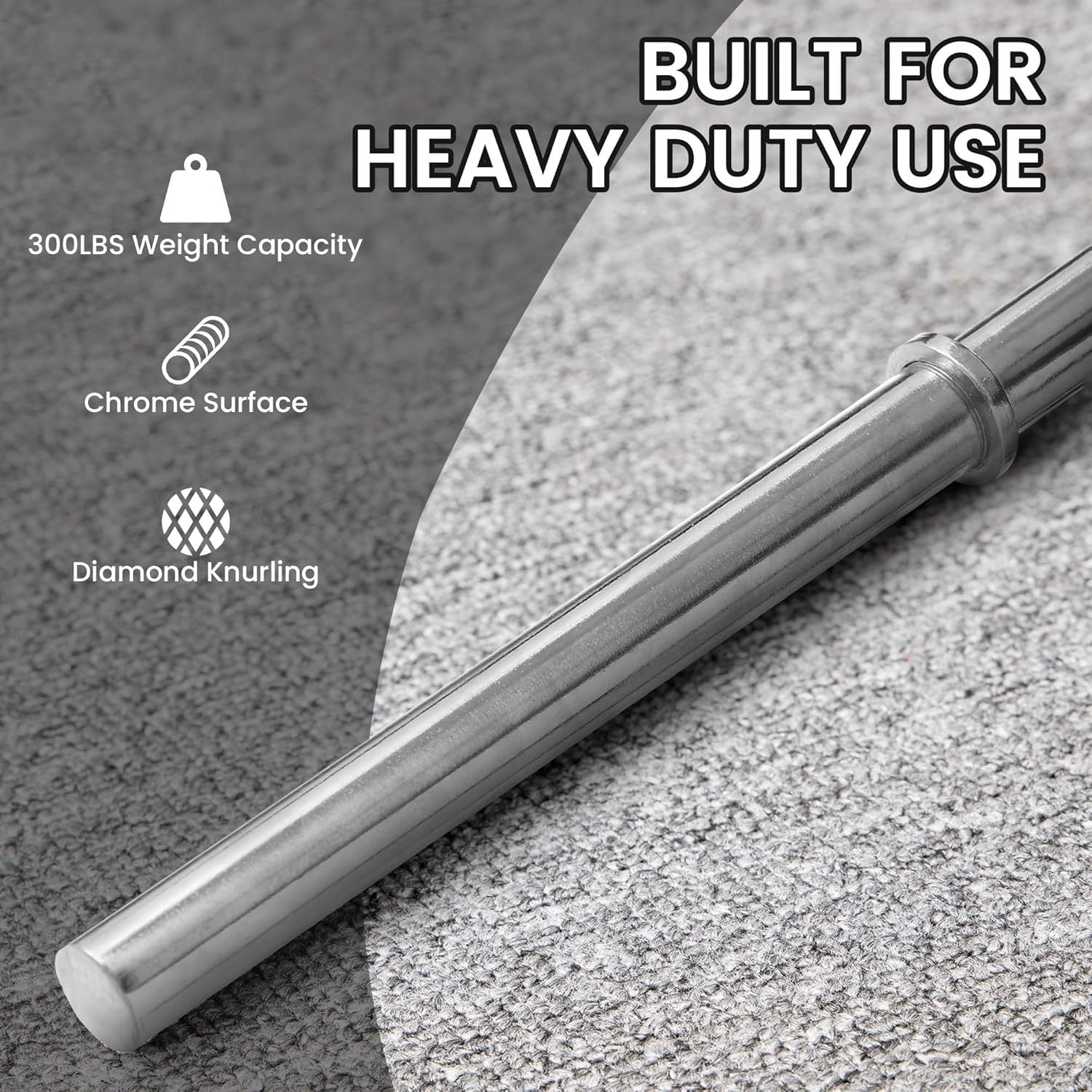 Standard Barbell 5FT – Solid Steel 1-Inch Bar, 300 LB Capacity, Chrome & Black Finish, Multi-Grip Knurling for Home Gym Strength Training