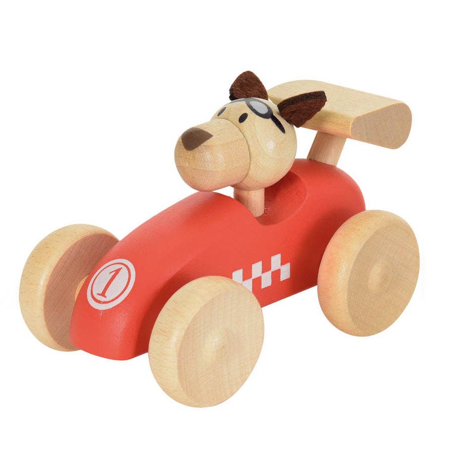 Wooden Race Car Toy with Dog Driver