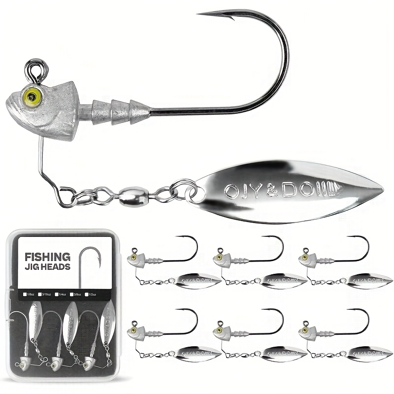 Underspin Jig Heads 6-Pack with 100% Brass Blade – Never Rust Rotating Spinner Jig for Bass & Saltwater Fishing – 3/16oz, 1/4oz, 3/8oz, 1/2oz – Flash & Vibration Swimbait Head