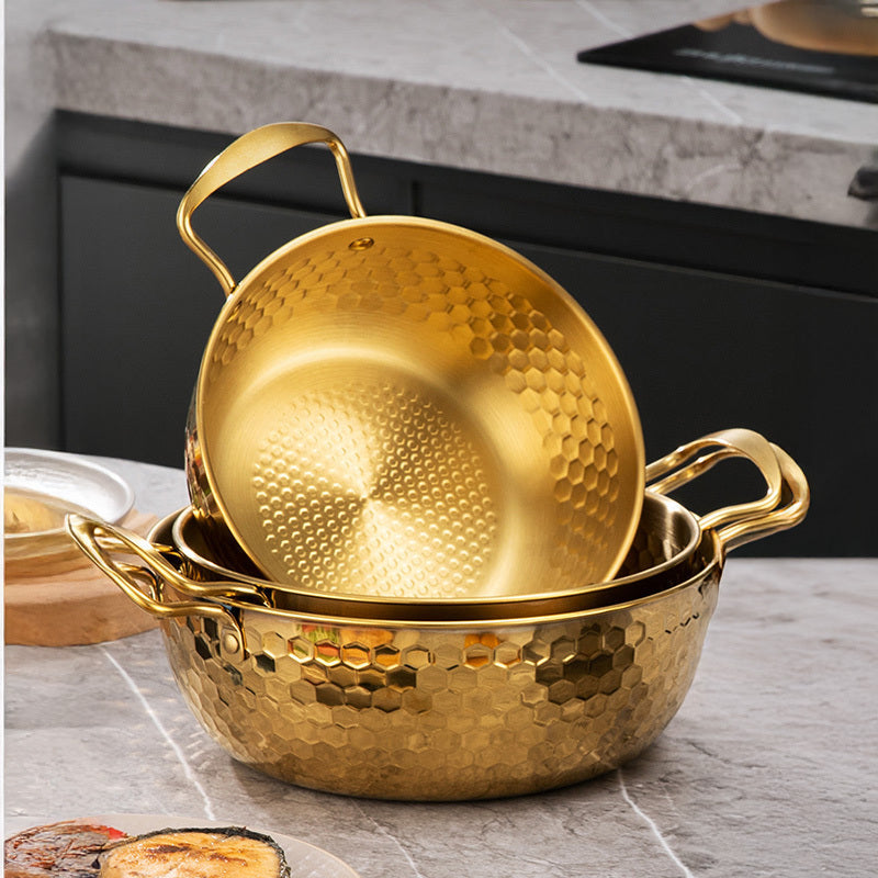 3-Piece Golden Stainless Steel Ramen Pot Set with Lids – Non-Stick Dishwasher Safe Cookware for Noodles Soups Curries – Textured Surface Pots for Home Camping Outdoor Parties Picnics