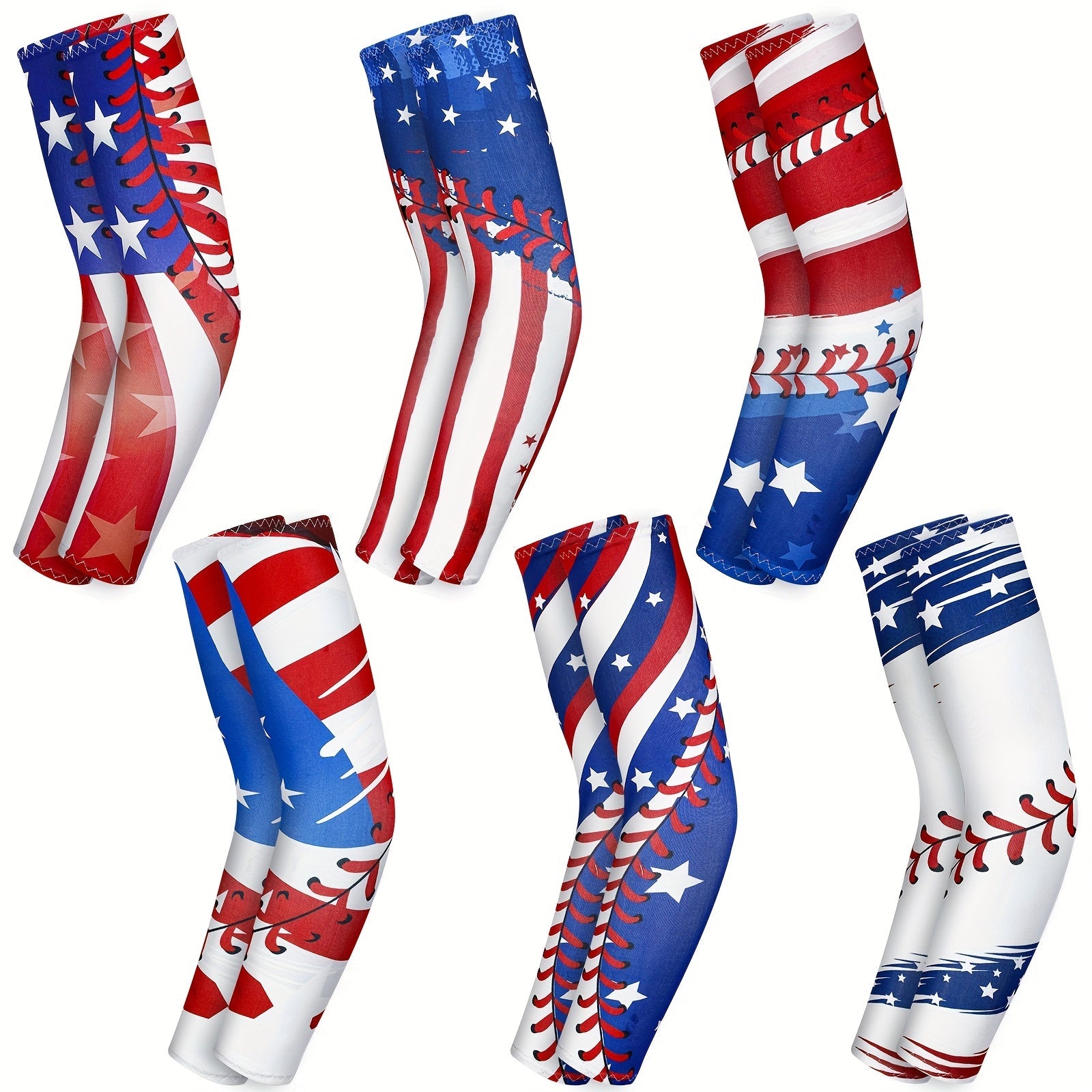 Patriotic Baseball Arm Sleeves 2 Pairs – American Flag Star Design Compression Sports Elbow Covers, Anti-Slip UV Protection for Men Women, Ideal for Games Parties Outdoor Events