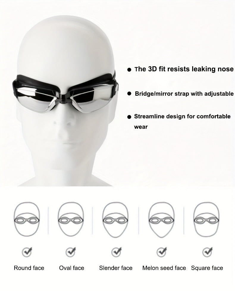 Anti-Fog Racing Swim Goggles Set 6-in-1 - HD UV Protection Silver Coated PC Lens, Waterproof PU Swim Cap, Nose Clip, Earplugs, Goggle Case & Storage Bag for Adult Men Women Pool Training Competition