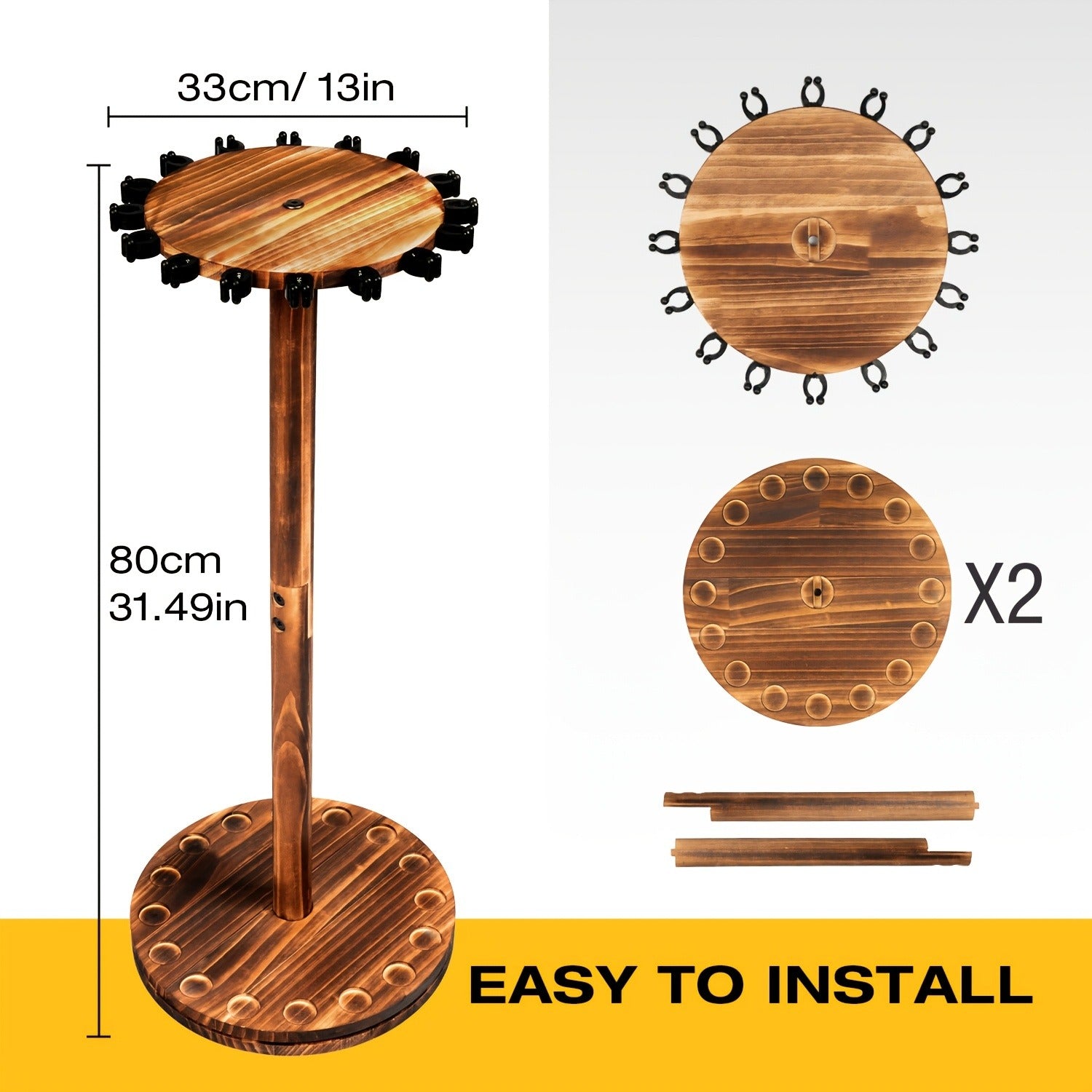 Wooden Fishing Rod Rack 360 Degree Rotating Circular Holds 16 Rods Space Saving Fishing Pole Organizer for Garage Home Storage