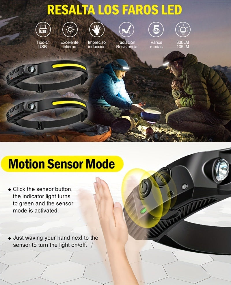 COB LED Headlamp 2 Pack 230° Wide Beam Motion Sensor Rechargeable Head Torch for Hiking Running Fishing Camping Hard Hat