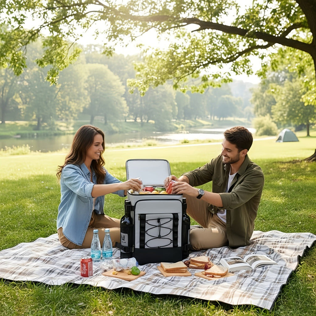 Insulated Cooler Backpack Leakproof Thermal Lunch Bag, Large Capacity Waterproof Cooling Rucksack for Camping, Hiking, Picnic & Beach, Foldable Soft Cooler Bag for Men & Women, Black & Grey