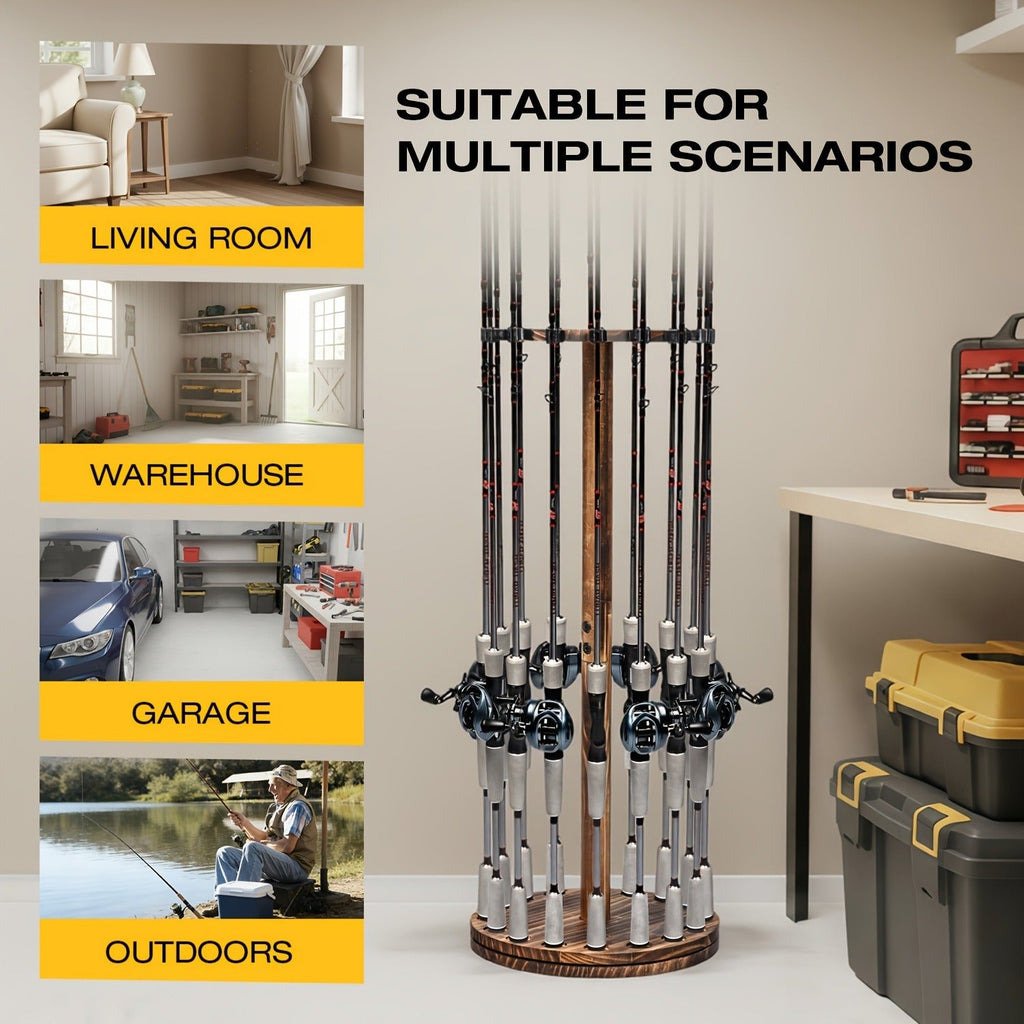Fishing Rod Rack Holds 16 Rods - Circular Wooden Pole Holder with 360° Rotating Base Option - Space-Saving Wall-Free Fishing Rod Organizer for Garage, Basement & Home Storage