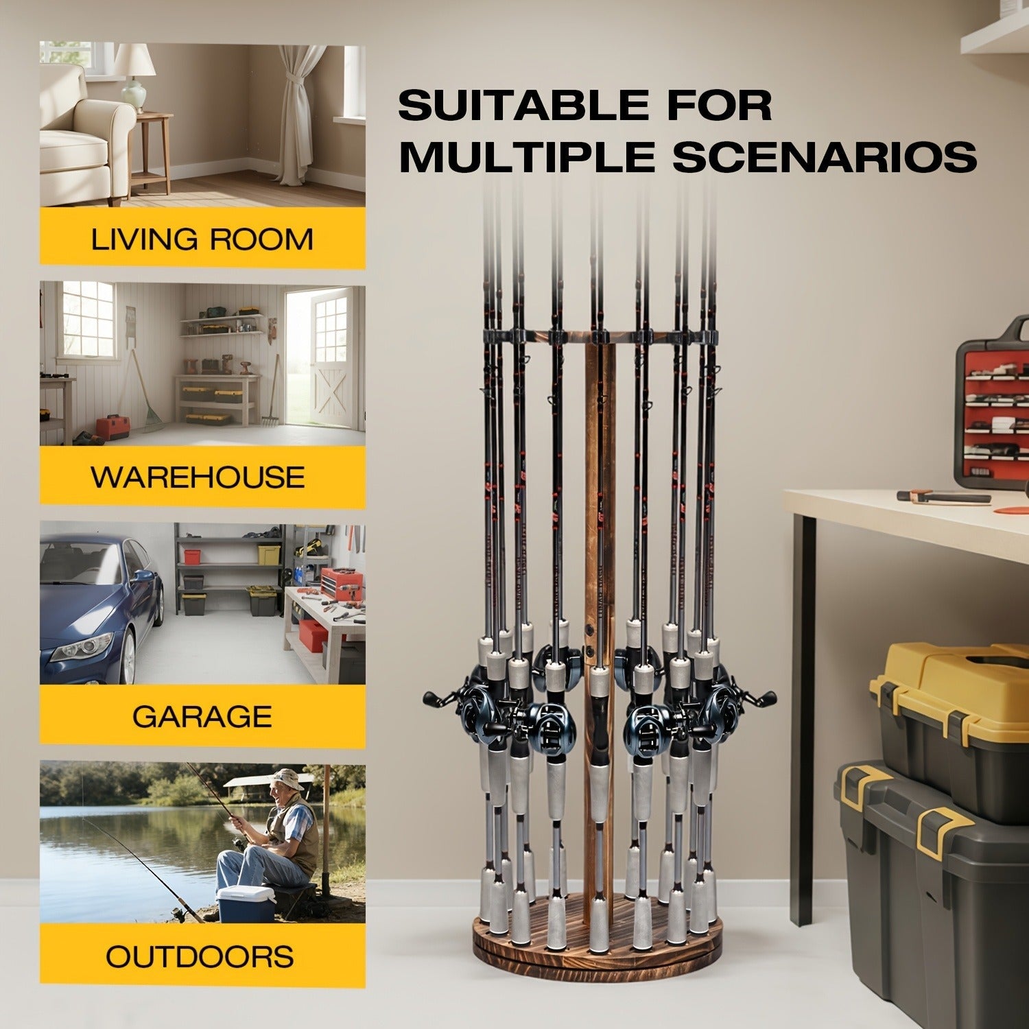 Fishing Rod Rack Holds 16 Rods - Circular Wooden Pole Holder with 360° Rotating Base Option - Space-Saving Wall-Free Fishing Rod Organizer for Garage, Basement & Home Storage