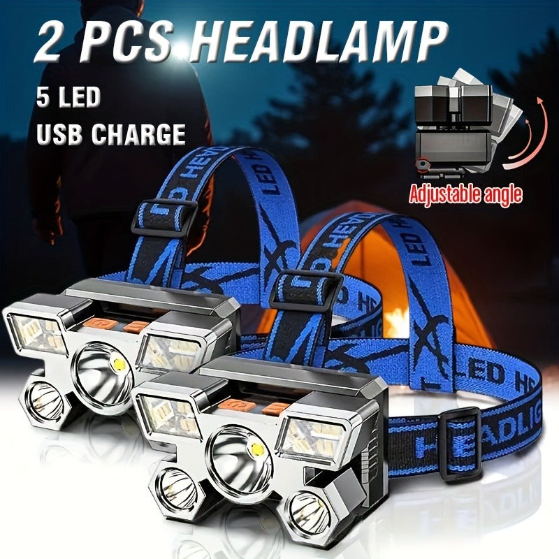 USB Rechargeable Headlamp 2 Pack 5 LED 4 Modes IP44 Waterproof Head Torch for Outdoor Fishing Camping Emergency