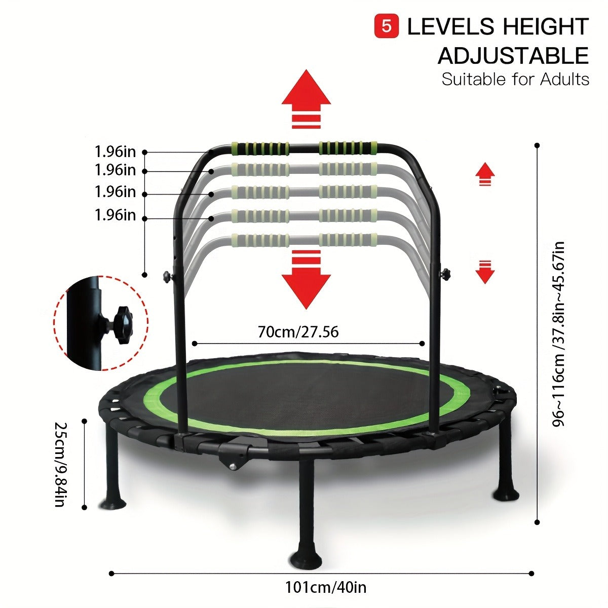 Mini Trampoline 40 Inch Collapsible Fitness Rebounder 660LBS Capacity, Adjustable Foam Handle Bars, Durable Elastic Straps & Thick Steel Frame, Quiet Indoor Outdoor Exercise Trampoline, Blue Green Red